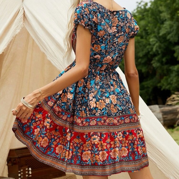 Boho gypsy floral print v neck short sleeve mini dress red orange blue - Picture 2 of 2